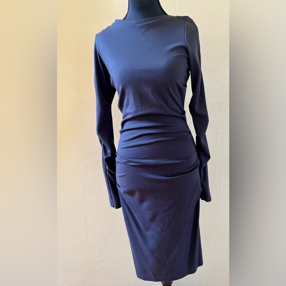 Nicole Miller Blue Ruched Sheath Dress with Bishop Sleeves